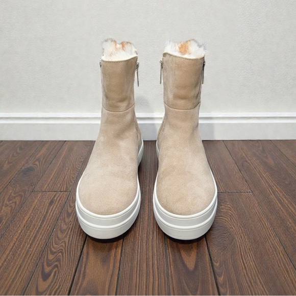 J/SLIDES NYC Suede Faux Fur Lined Ankle Boots Side Zip Platform Women’s 6 Beige - Picture 4 of 8